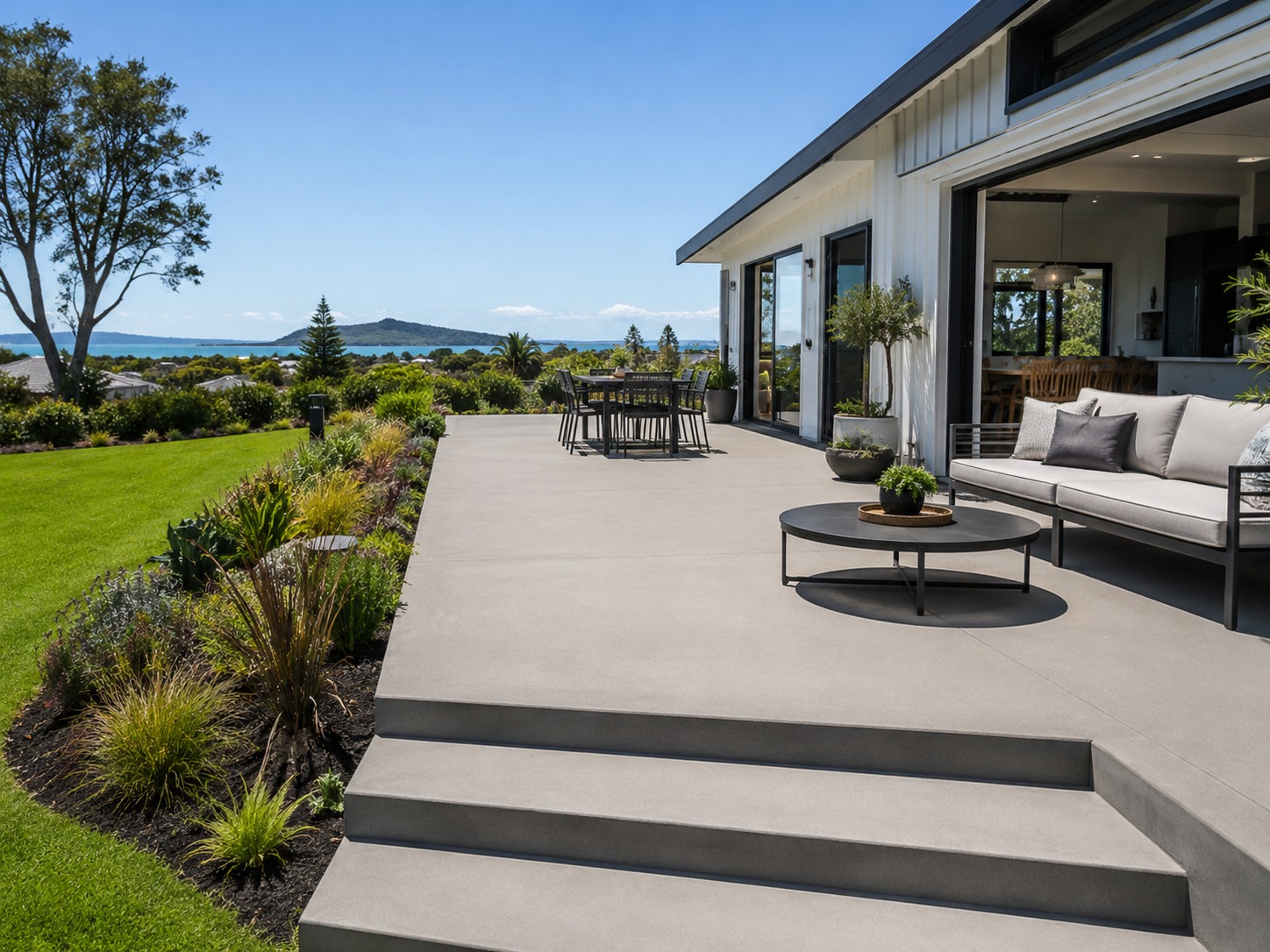 concrete patio and path integrated with Tauranga outdoor construction